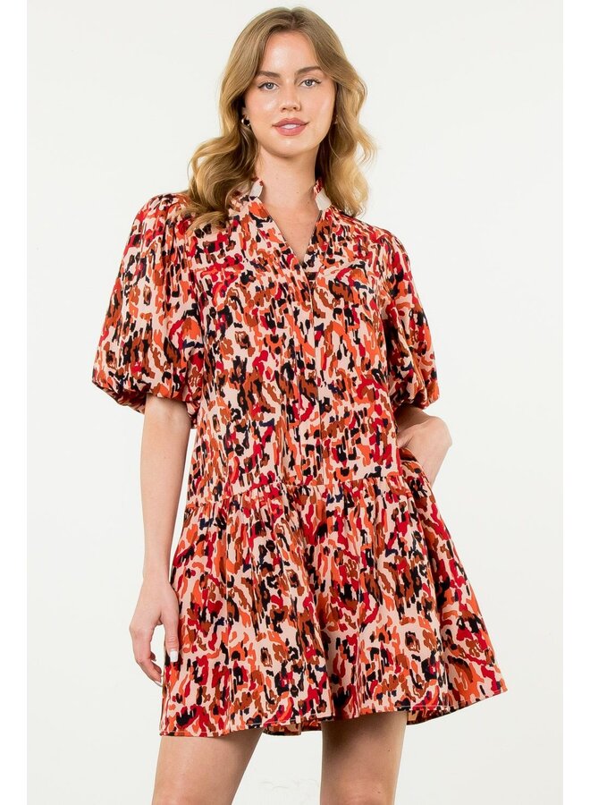 Puff Sleeve Print Dress Red Leopard