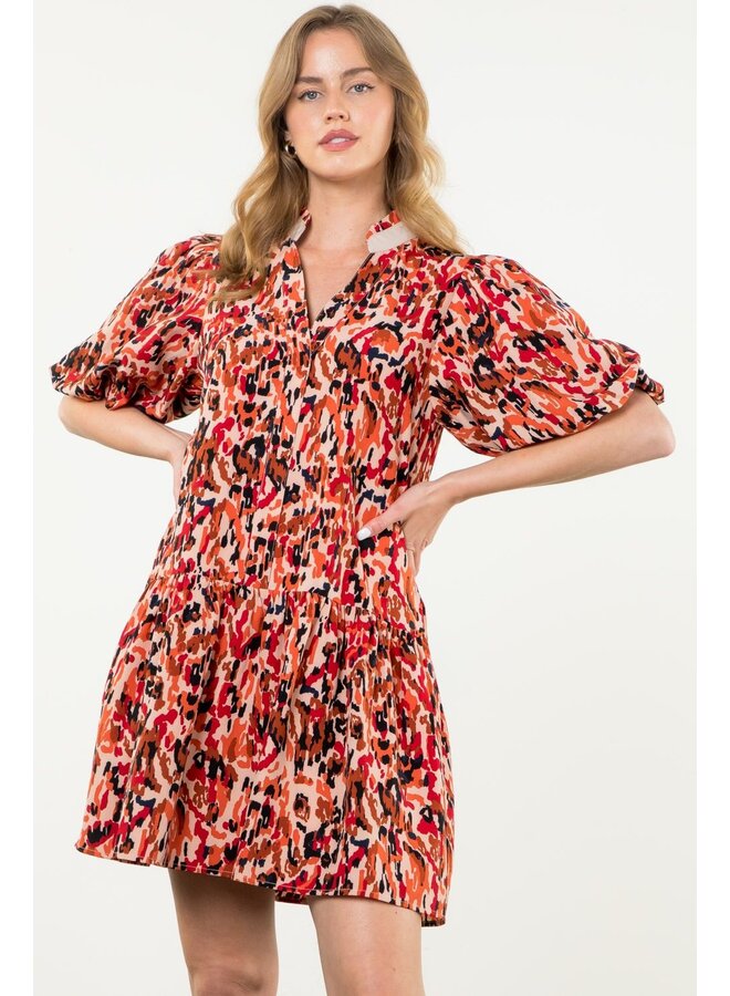 Puff Sleeve Print Dress Red Leopard