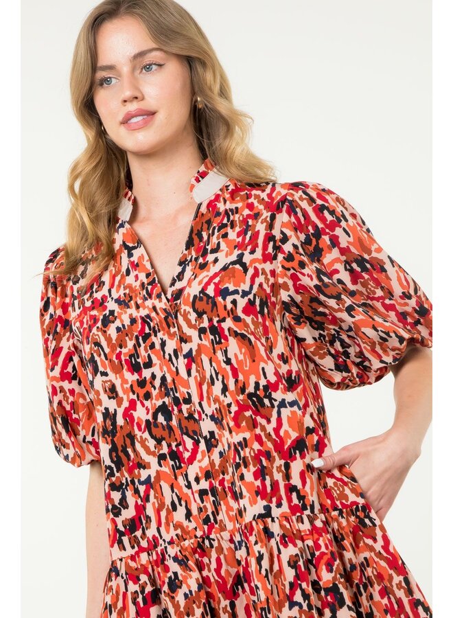 Puff Sleeve Print Dress Red Leopard