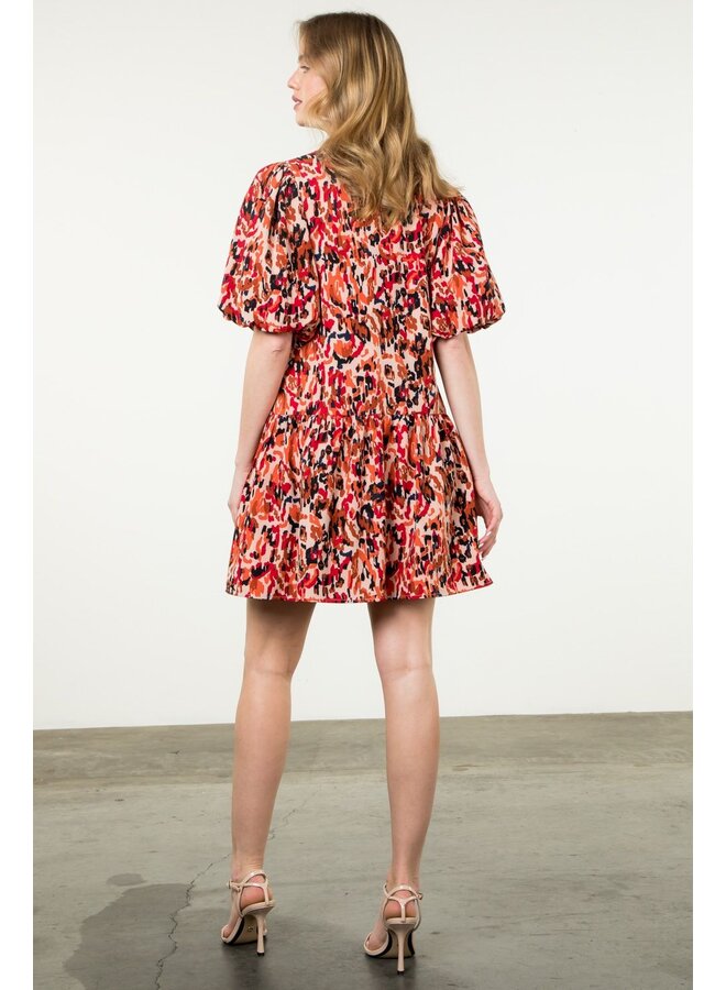 Puff Sleeve Print Dress Red Leopard