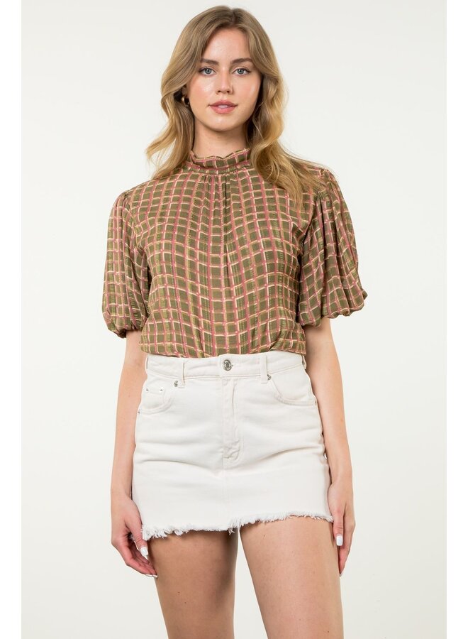 Puff Sleeve Plaid Top Olive