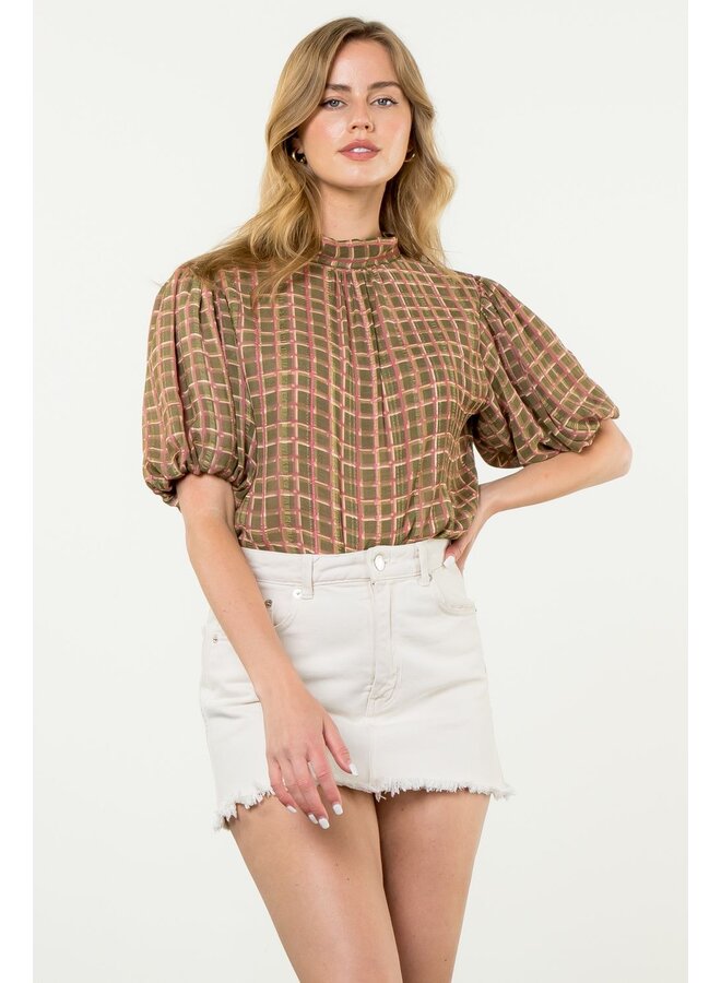 Puff Sleeve Plaid Top Olive
