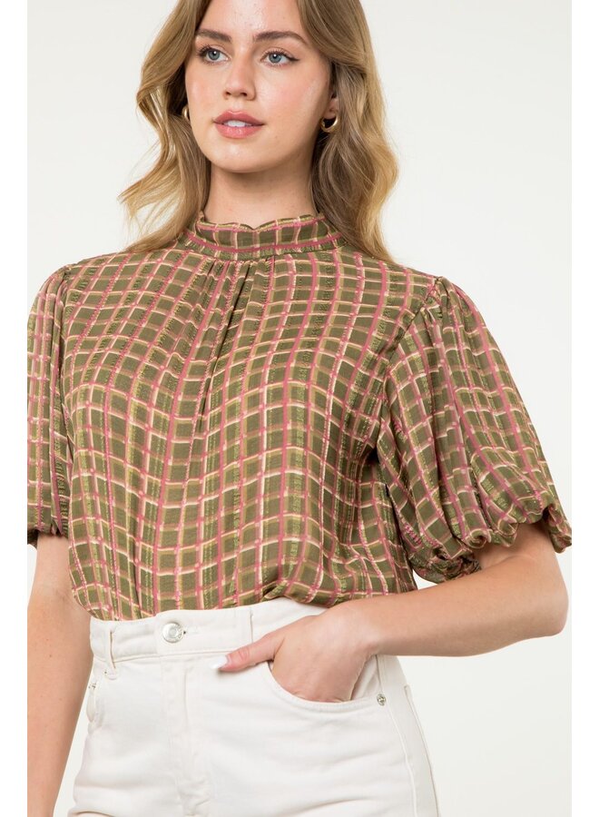 Puff Sleeve Plaid Top Olive