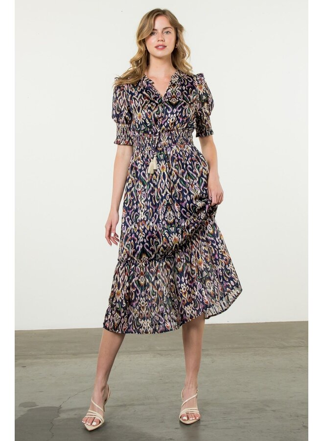 Smocked Waist Print Tiered Dress Navy