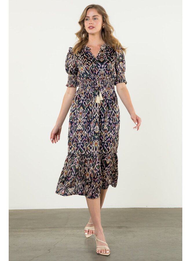 Smocked Waist Print Tiered Dress Navy