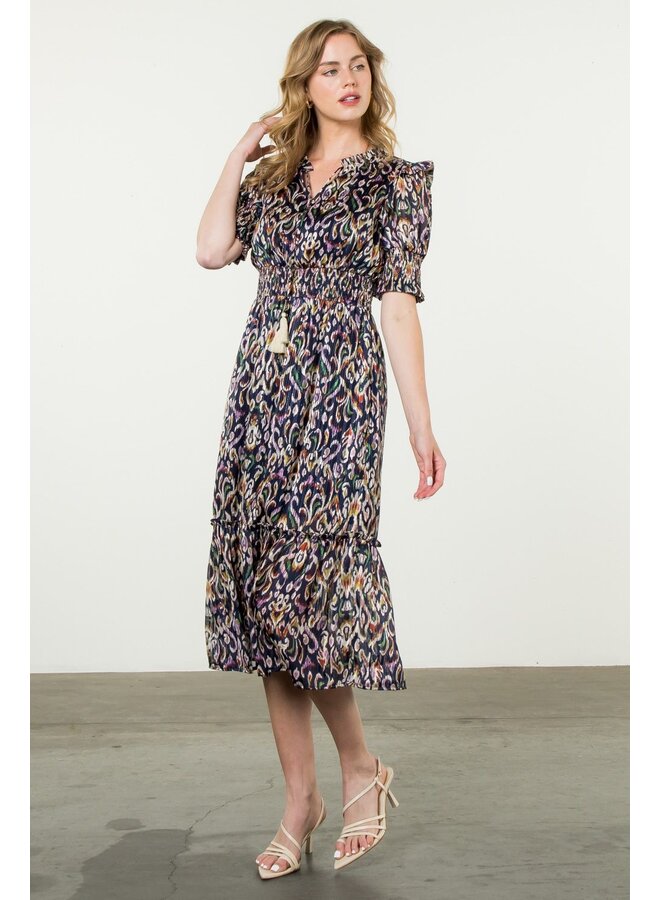 Smocked Waist Print Tiered Dress Navy