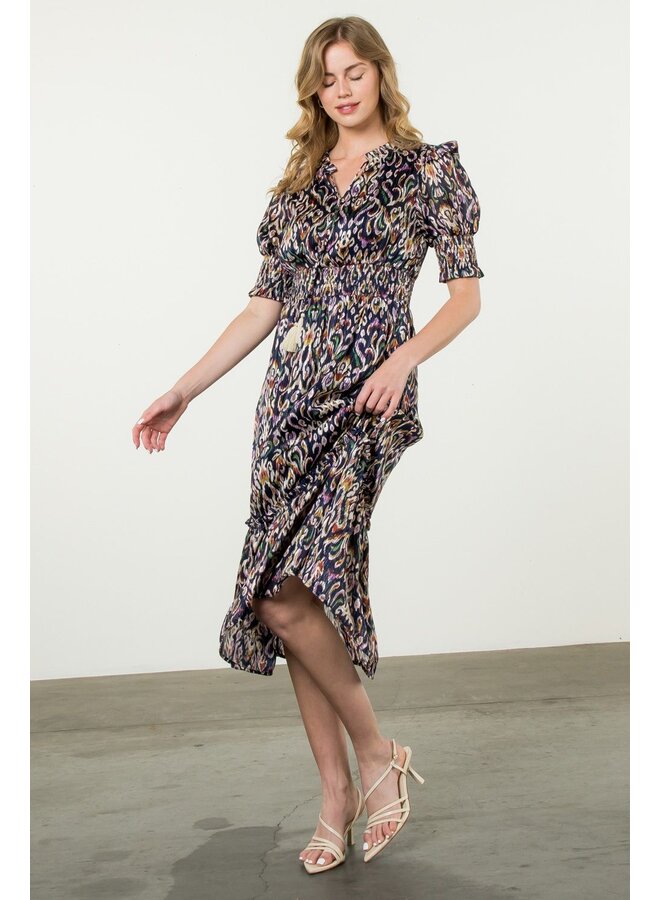 Smocked Waist Print Tiered Dress Navy