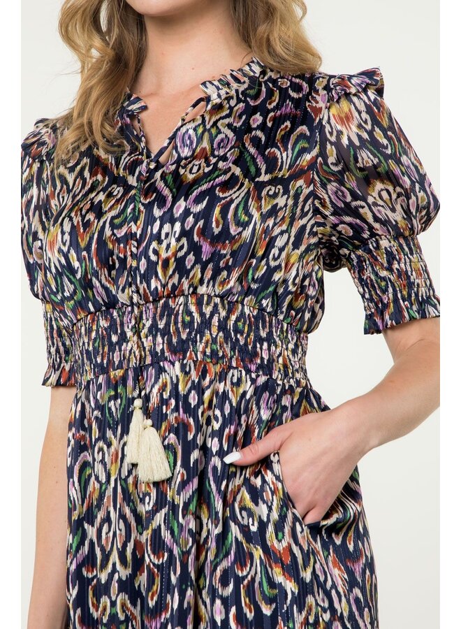 Smocked Waist Print Tiered Dress Navy