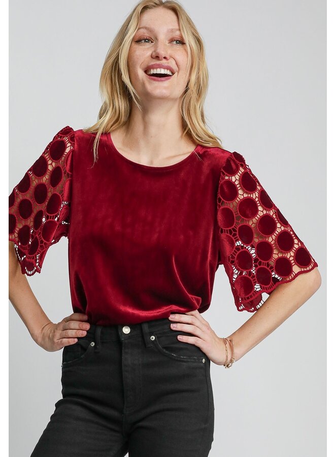 Velvet Top with Dotted Lace Sleeves Wine