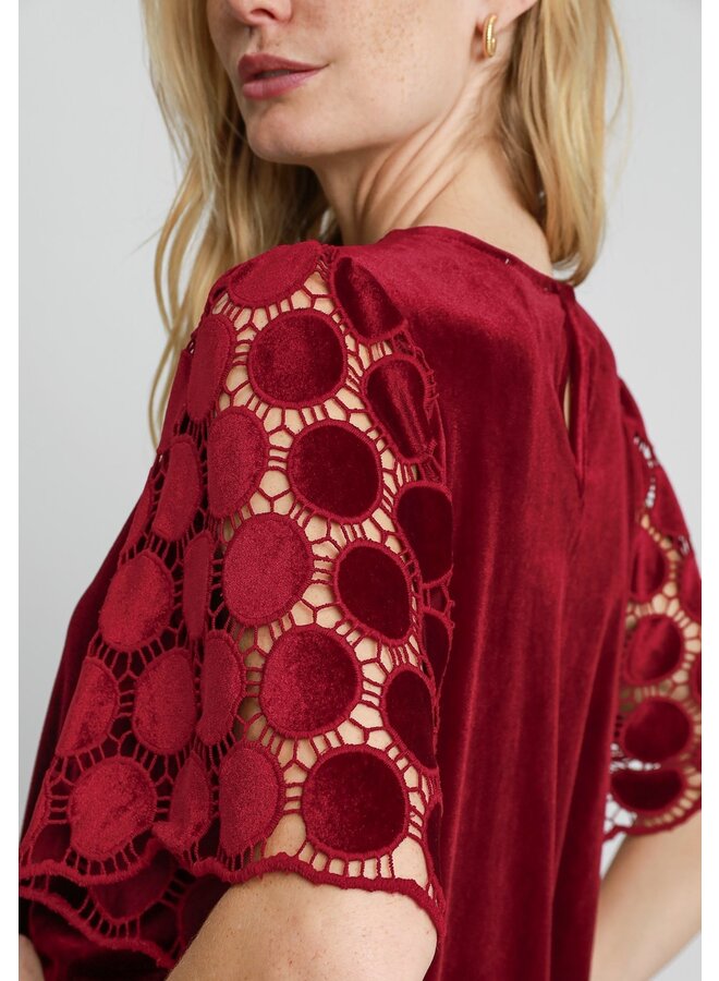 Velvet Top with Dotted Lace Sleeves Wine