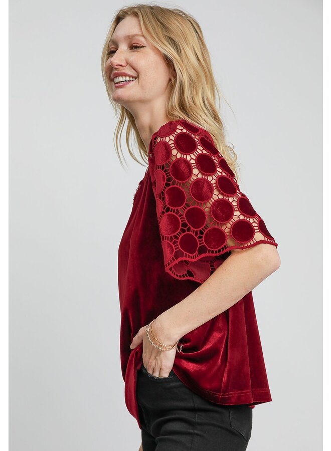 Velvet Top with Dotted Lace Sleeves Wine