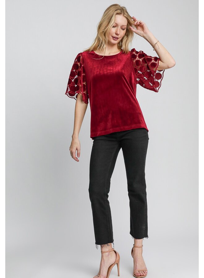 Velvet Top with Dotted Lace Sleeves Wine