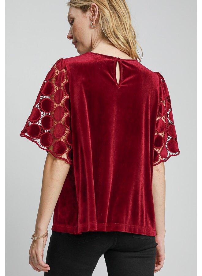 Velvet Top with Dotted Lace Sleeves Wine