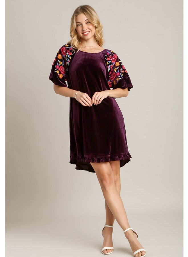 Velvet Dress with Embroidered Sleeves Eggplant