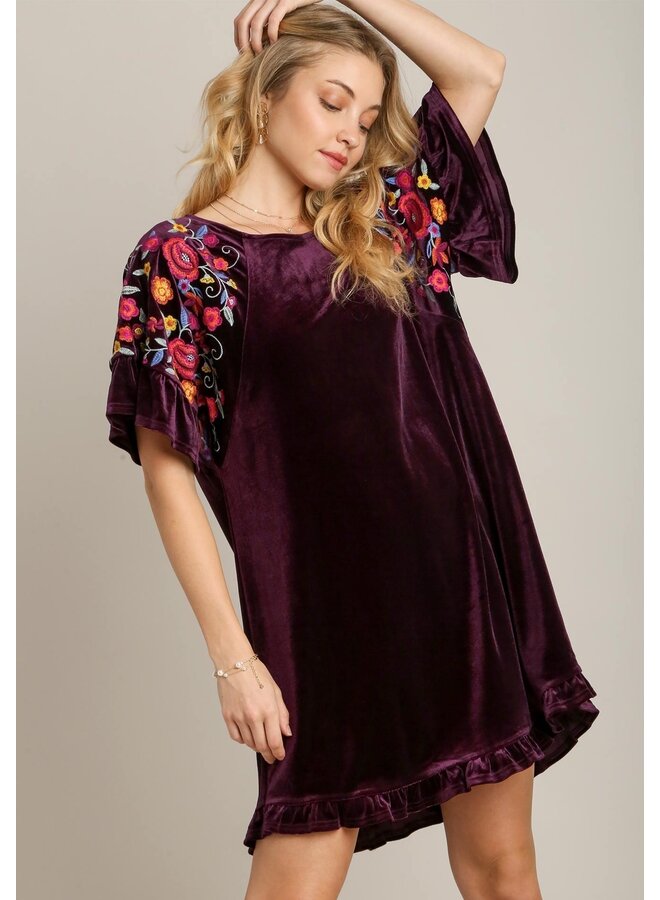 Velvet Dress with Embroidered Sleeves Eggplant
