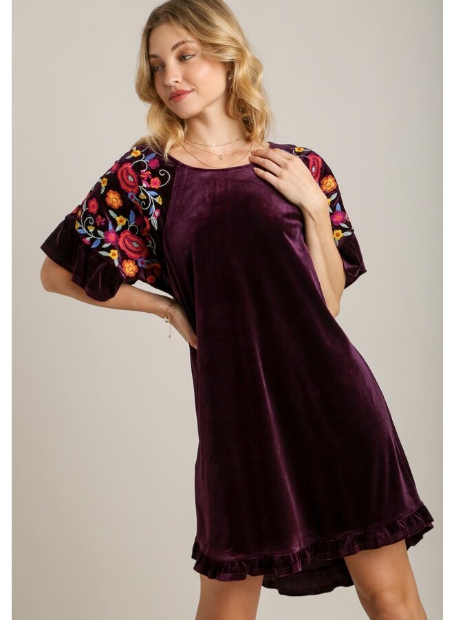 Velvet Dress with Embroidered Sleeves Eggplant