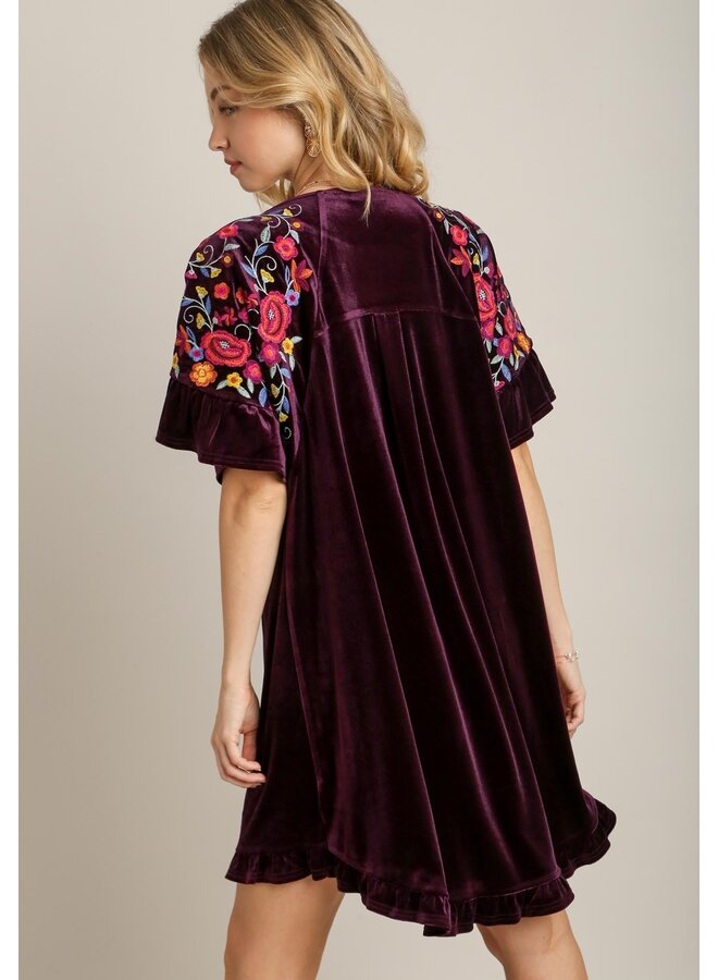 Velvet Dress with Embroidered Sleeves Eggplant