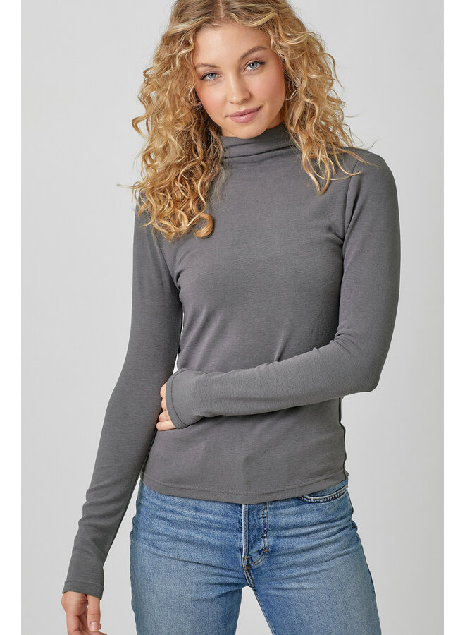 Knit Mock Neck Long Sleeve Top Charcoal