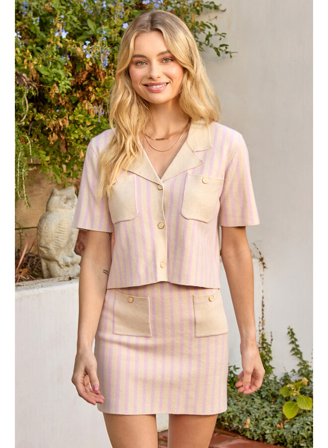 Short Sleeve Striped Sweater Jacket Lavender