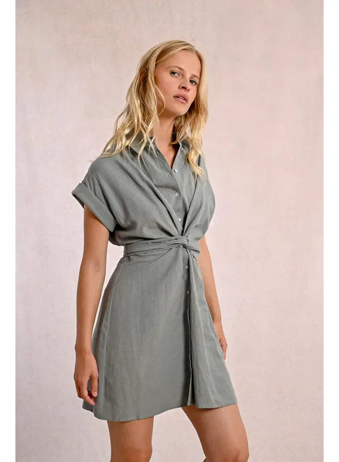 Linen Sage Green Dress w/ Bow