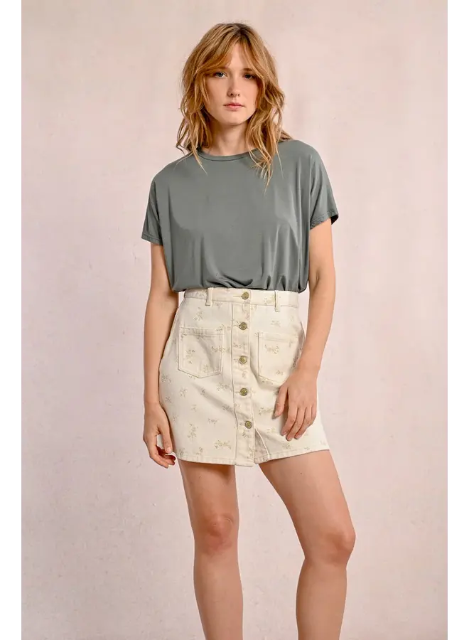 Denim Floral Skirt Cream