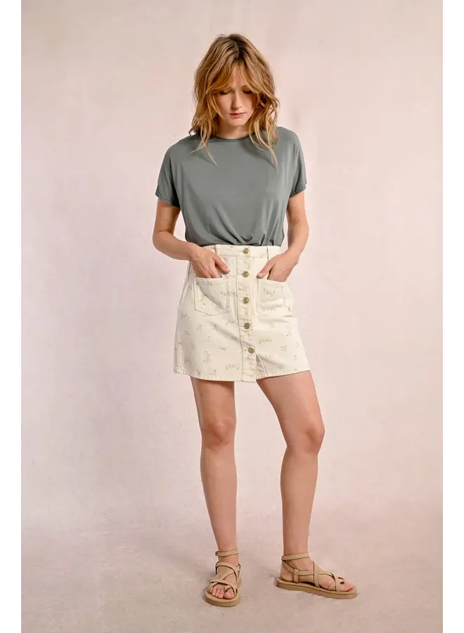 Denim Floral Skirt Cream
