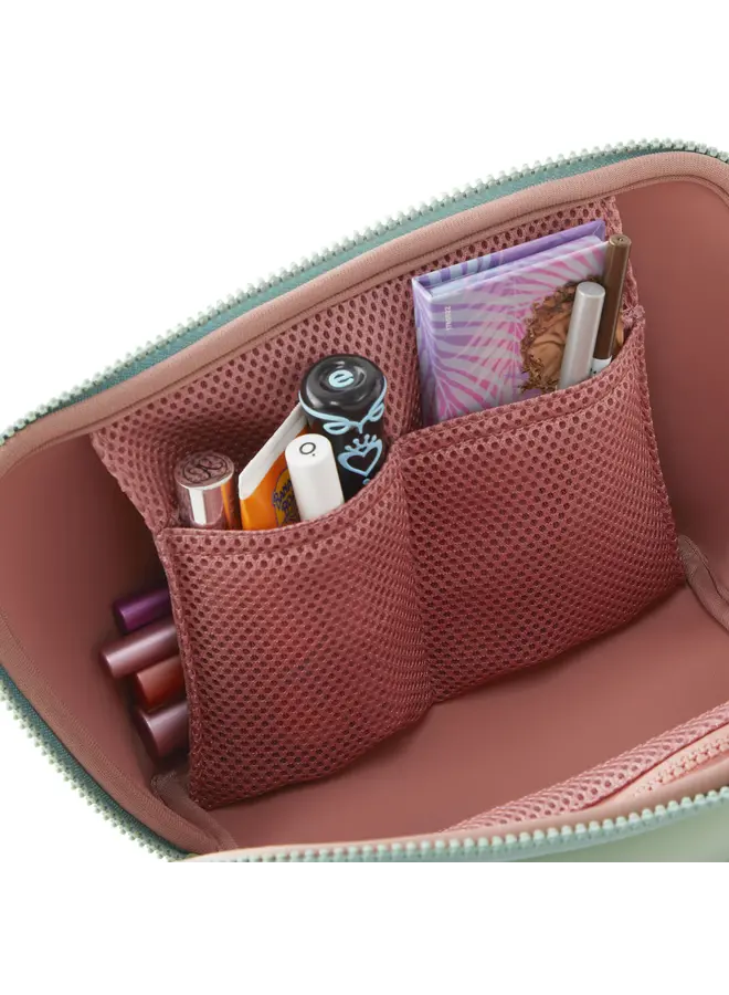 Makeup Bag Neoprene Sage with Coral Rose