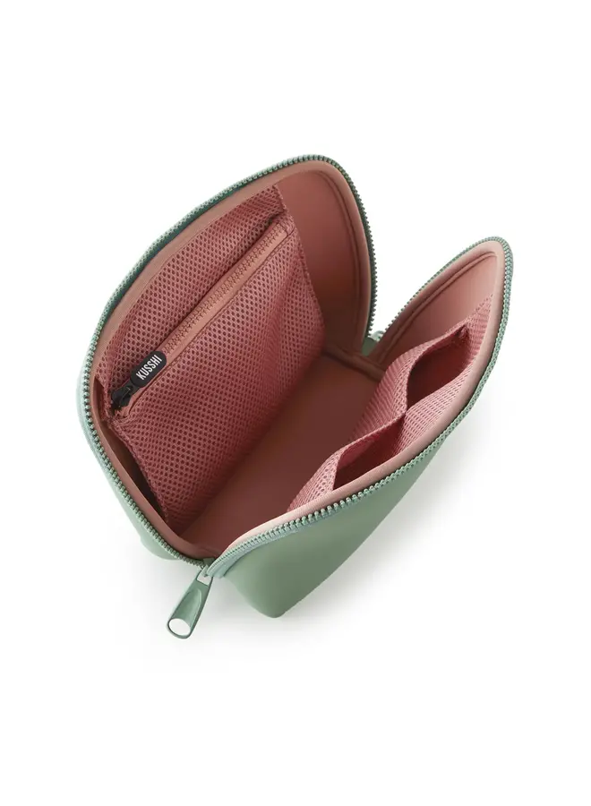 Makeup Bag Neoprene Sage with Coral Rose