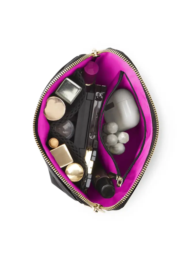 Everyday Makeup Bag Satin Black with Pink