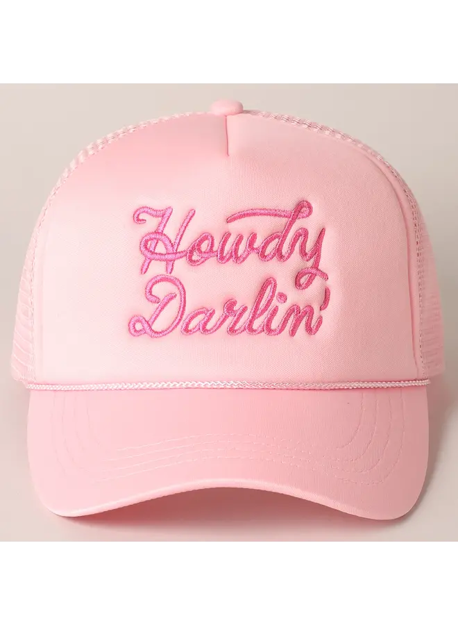 Howdy Darlin Embroidered Mesh Trucker Cap Baby Pink