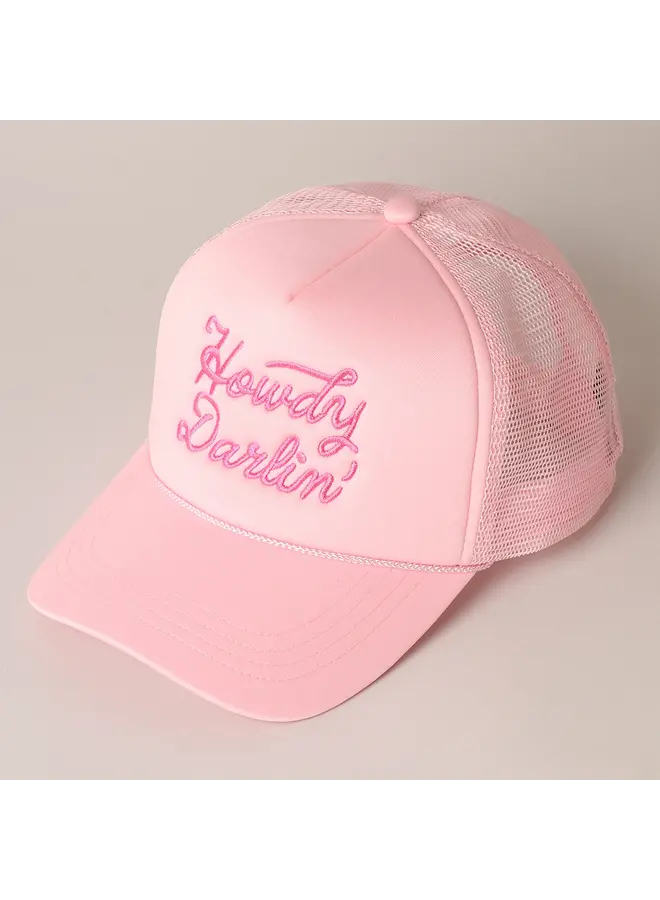 Howdy Darlin Embroidered Mesh Trucker Cap Baby Pink