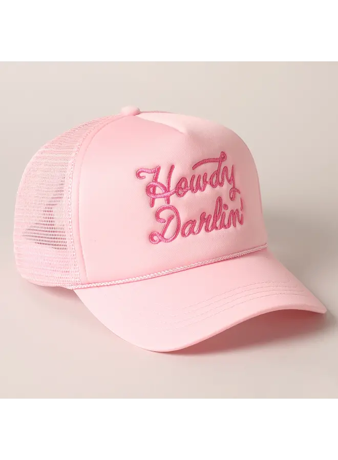 Howdy Darlin Embroidered Mesh Trucker Cap Baby Pink
