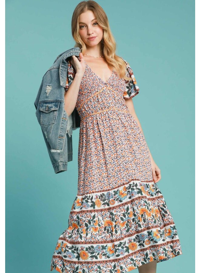 Floral Border Print Midi Dress Off White