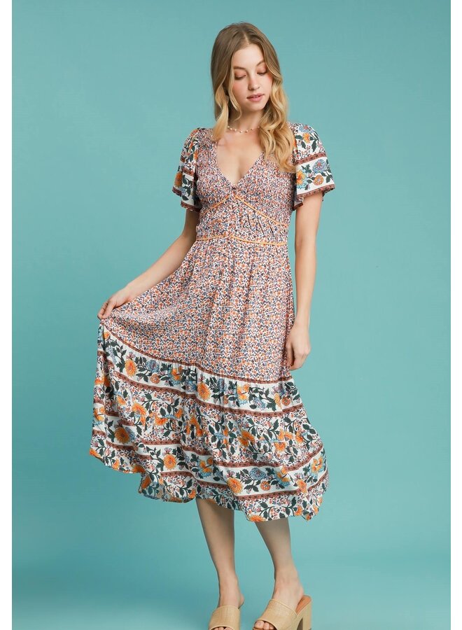 Floral Border Print Midi Dress Off White