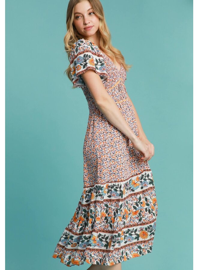 Floral Border Print Midi Dress Off White