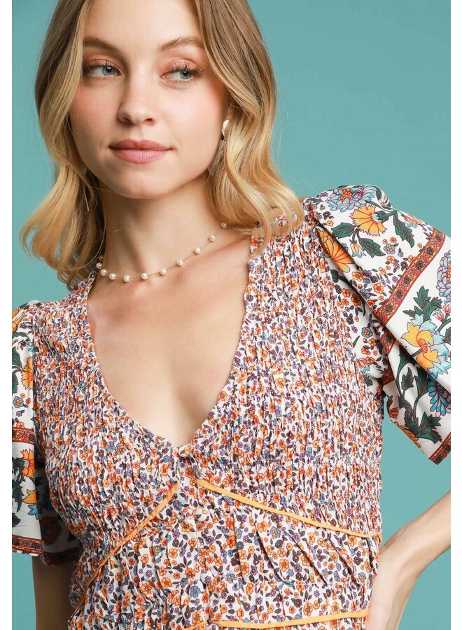 Floral Border Print Midi Dress Off White