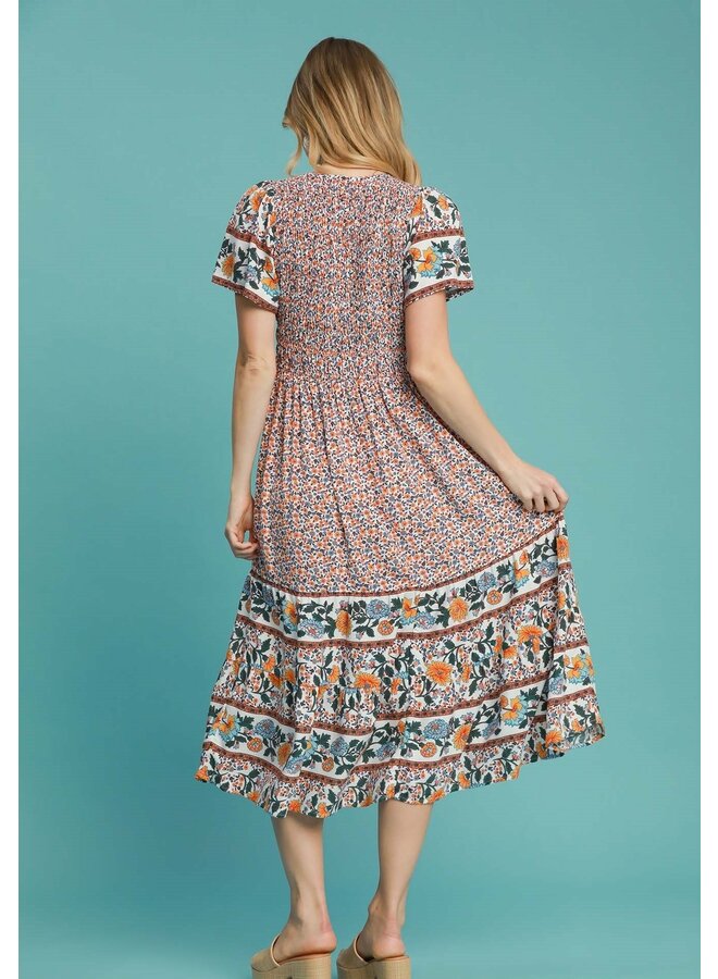 Floral Border Print Midi Dress Off White