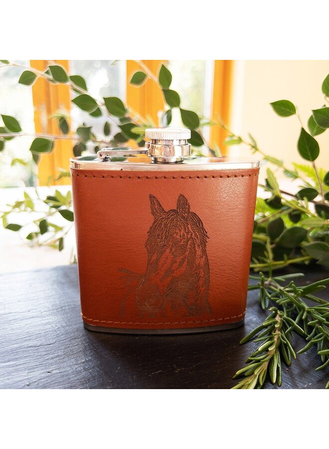 Leather Hip Flask Horse Portrait