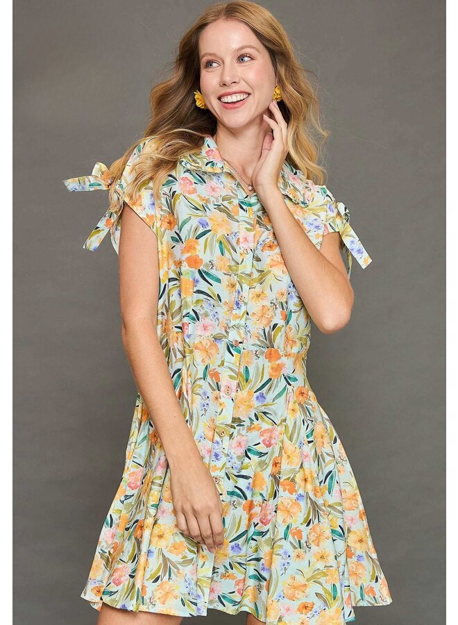 Floral Print Mini Dress Mint Blue