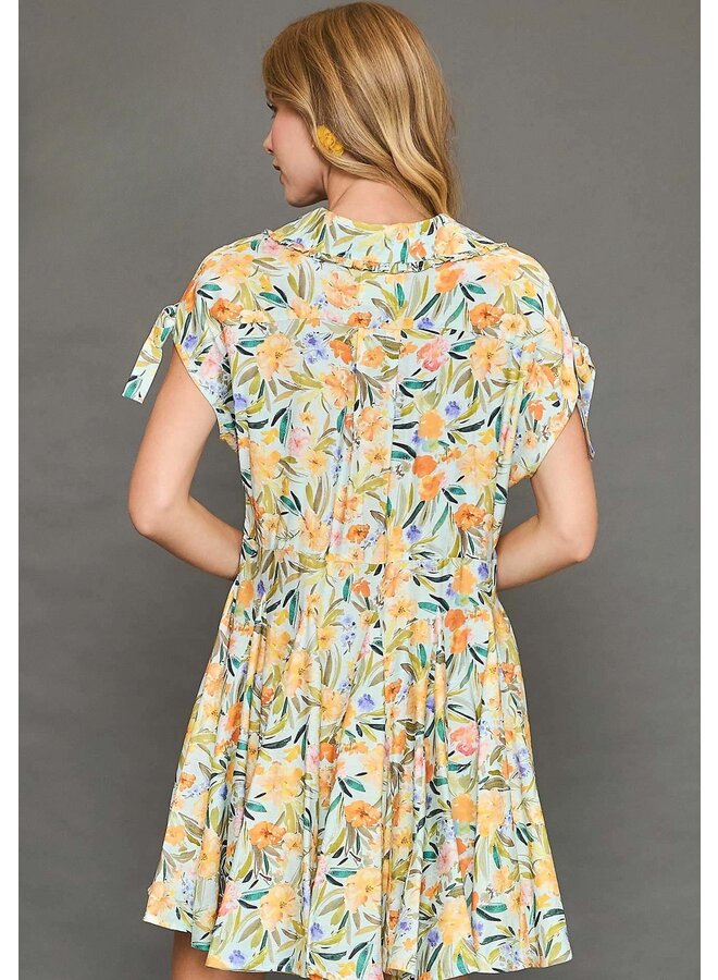 Floral Print Mini Dress Mint Blue