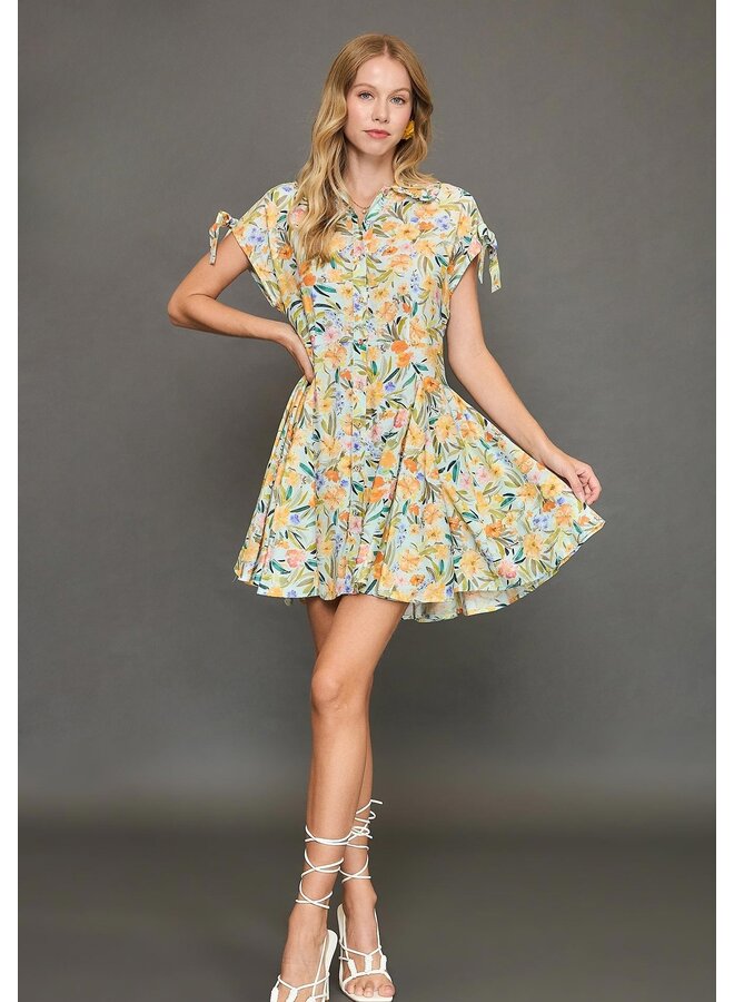 Floral Print Mini Dress Mint Blue