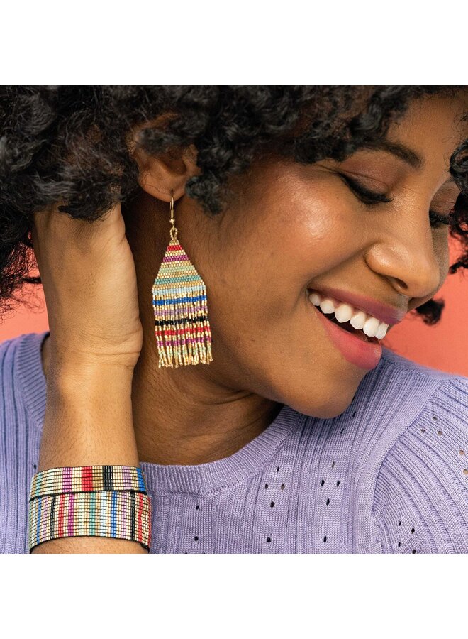 Lexie Horizontal Gold Lines Beaded Fringe Earrings Multi
