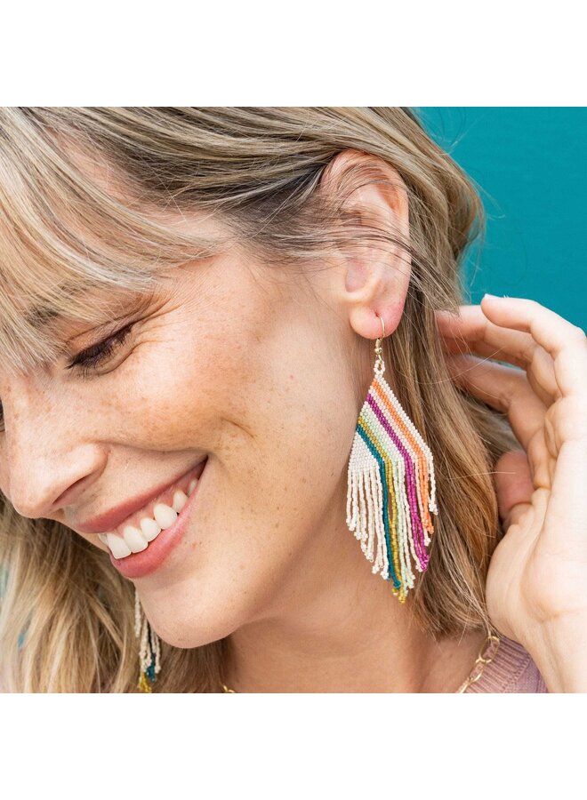Haley Falling Lines Beaded Fringe Earrings Rainbow