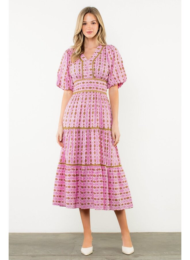 Puff Sleeve Tiered Print Dress