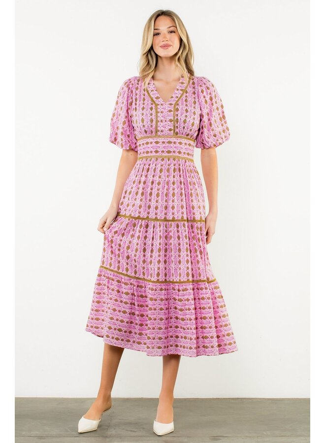 Puff Sleeve Tiered Print Dress