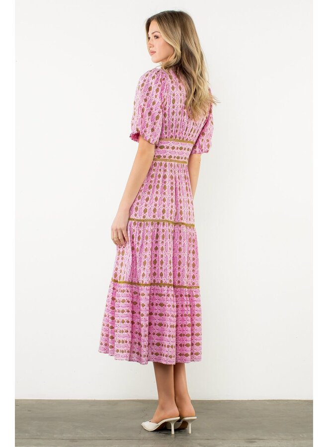 Puff Sleeve Tiered Print Dress