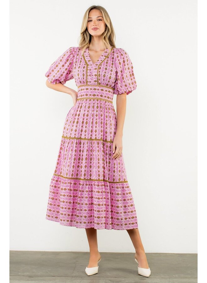 Puff Sleeve Tiered Print Dress