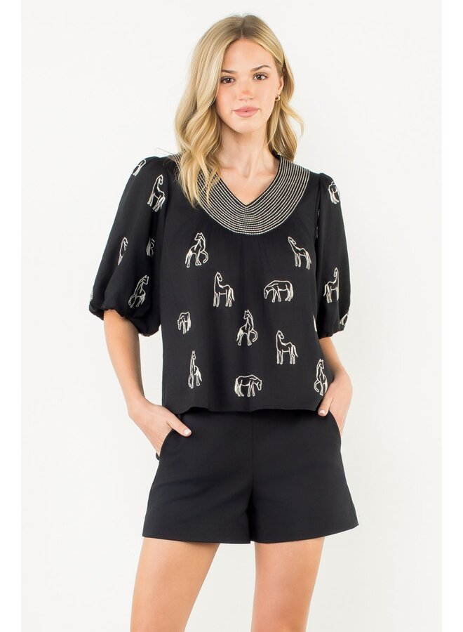 Puff Sleeve Embroidered Horse Detail Top Black & White
