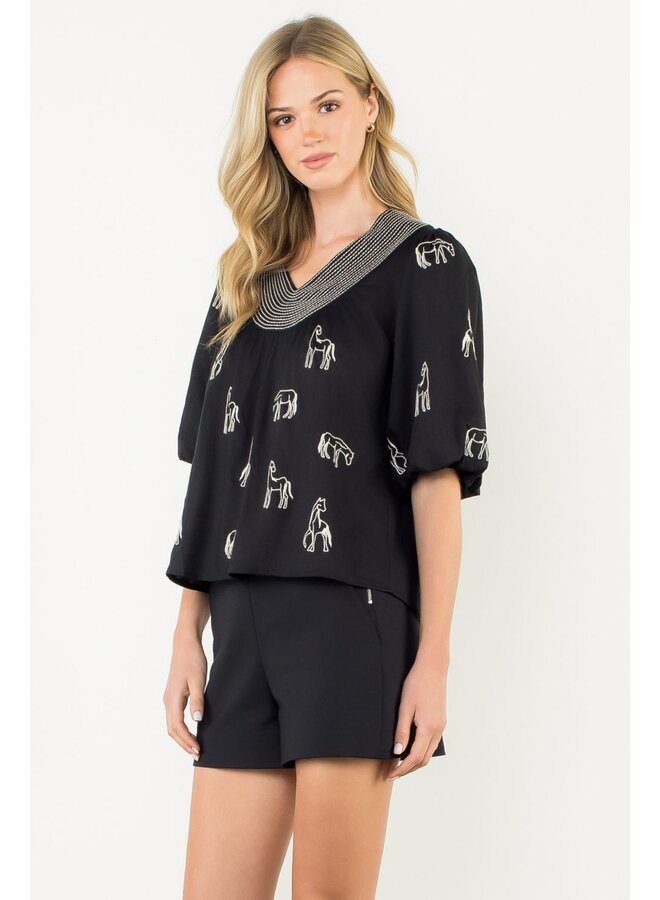 Puff Sleeve Embroidered Horse Detail Top Black & White