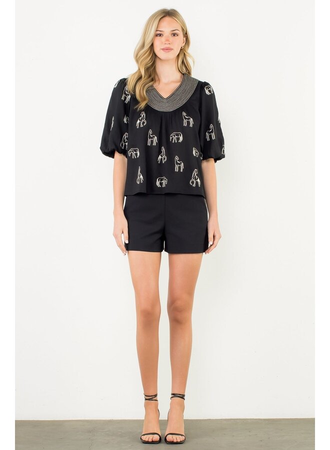 Puff Sleeve Embroidered Horse Detail Top Black & White